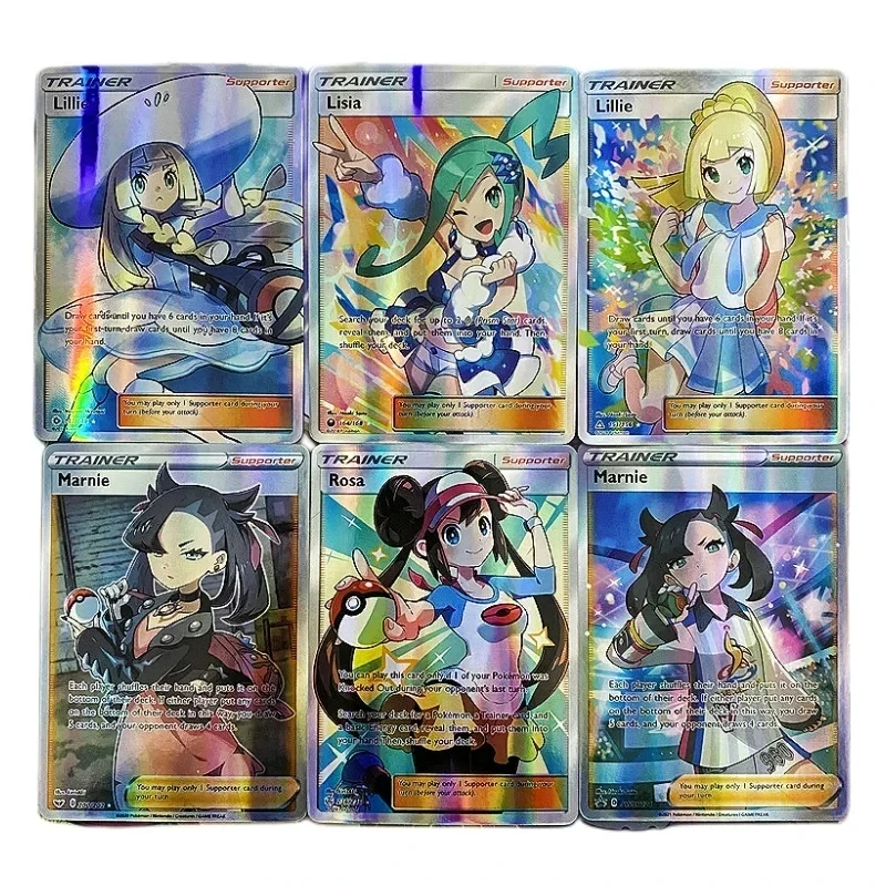 100Pcs/set Pokemon Ptcg Trainer Flash Card Rosa Lillie Marnie Self Made Diy Anime Game Characters Collection Card Toys Gift