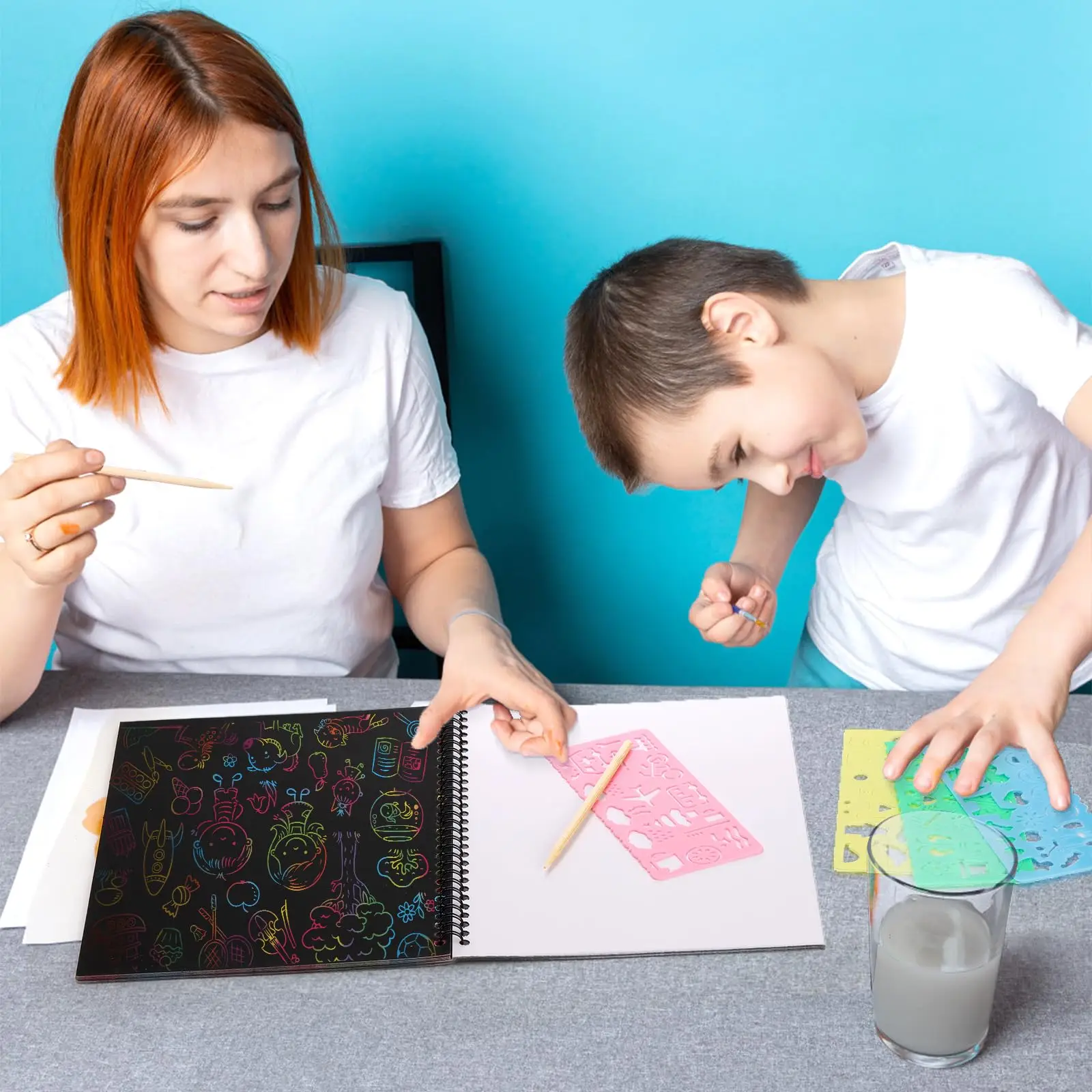 2-pak Rainbow Scratch Paper Children's Art Book Black DIY Rainbow Art Paper Card Neon Scratch Book with Wood Stick