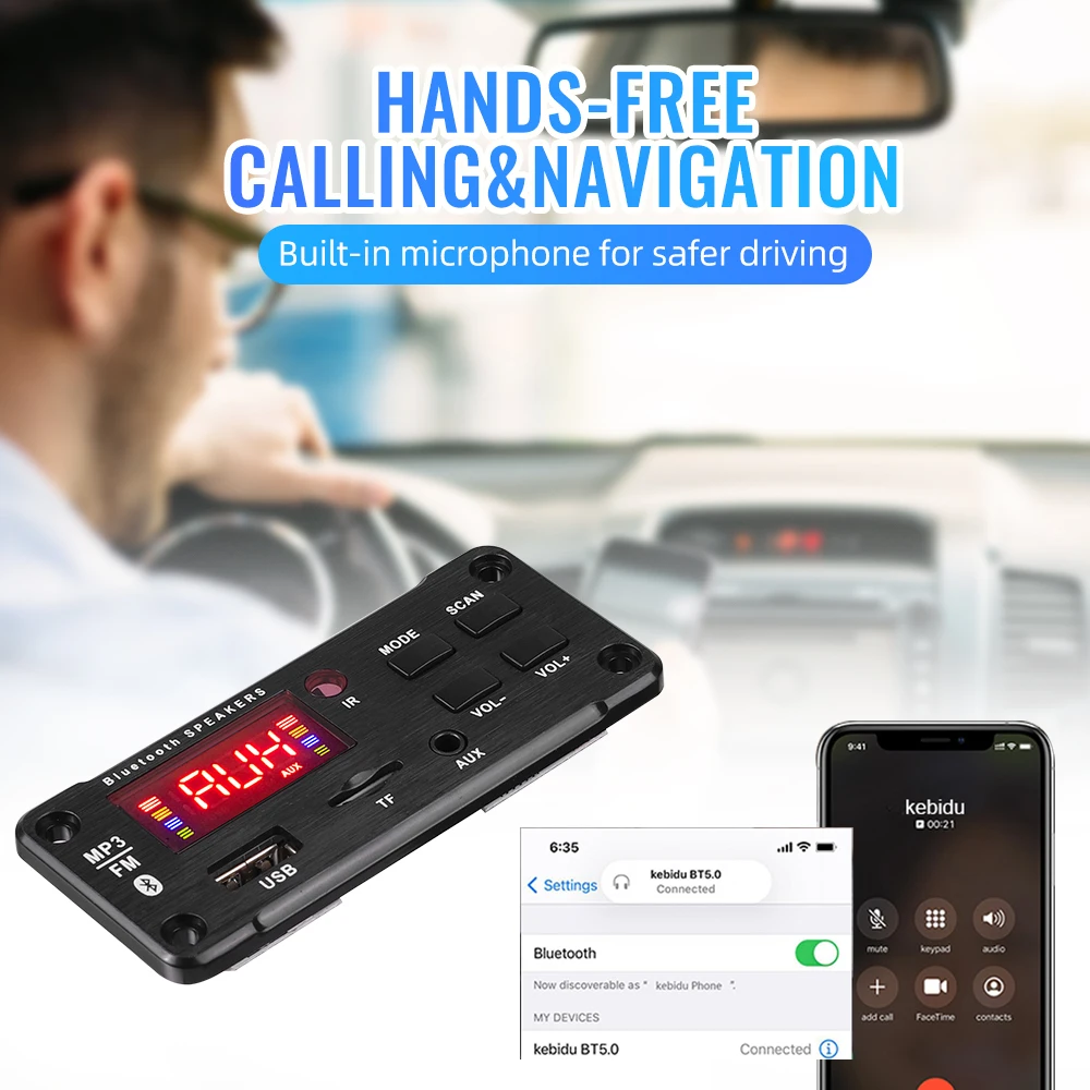Kebidu DC 5V 12V MP3 Decoder Board Bluetooth Car Kit USB MP3 Player Support WMA WAV TF Card Slot / USB / FM With Color Screen
