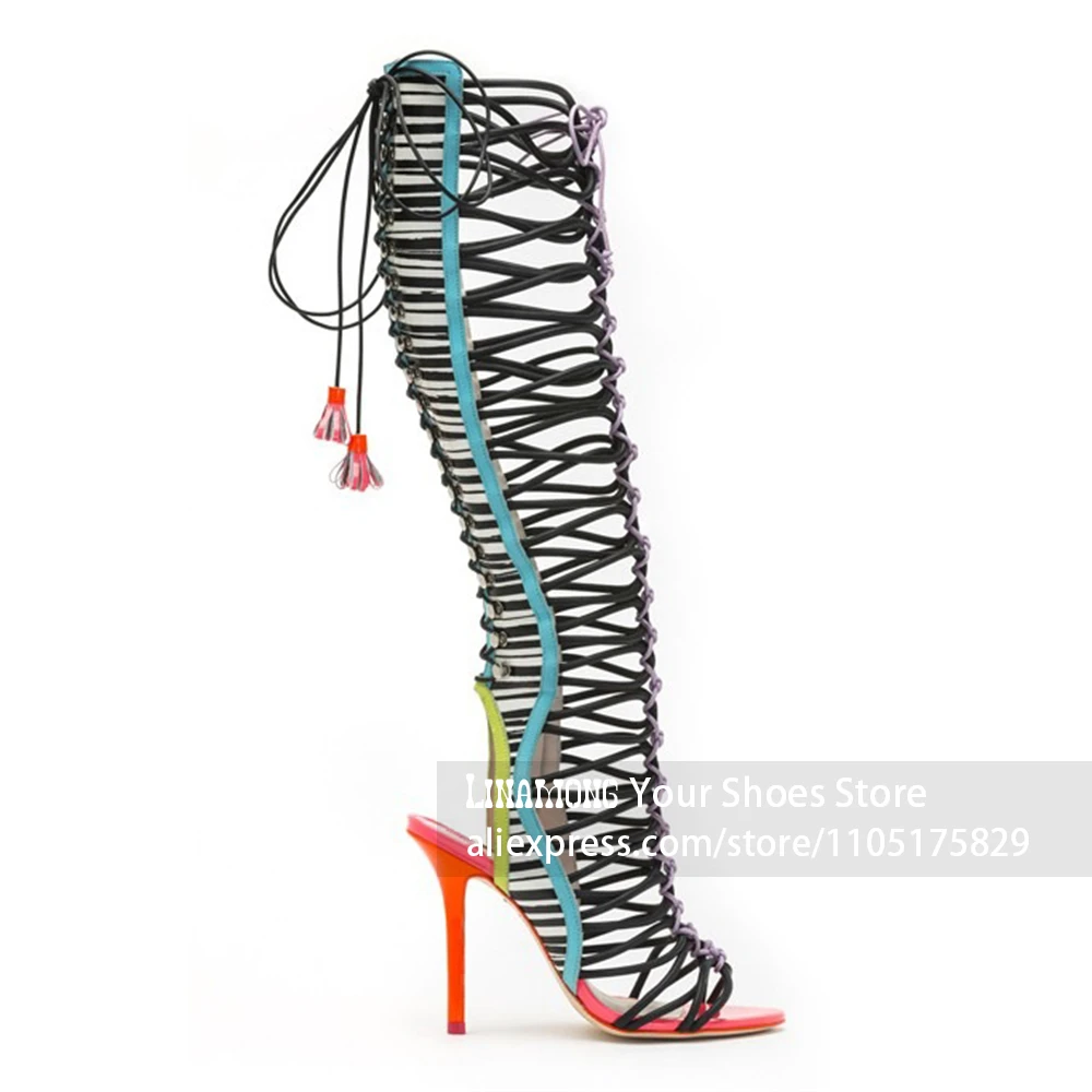 Colorblock Lace Up Gladiator Sandal Boots Hollow Out Strappy Knee High Boots Multicolor Tassel Strap Open Toe Women Summer Boots