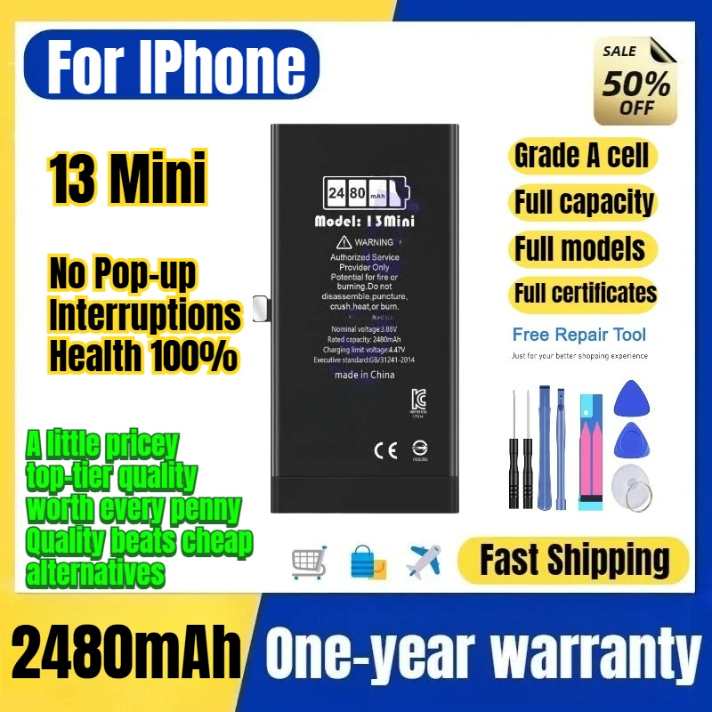 Batería para iPhone 13 Mini A2628/A2481, sin interrupciones de pop-up, salud 100%, celda grado A, con herramientas 2