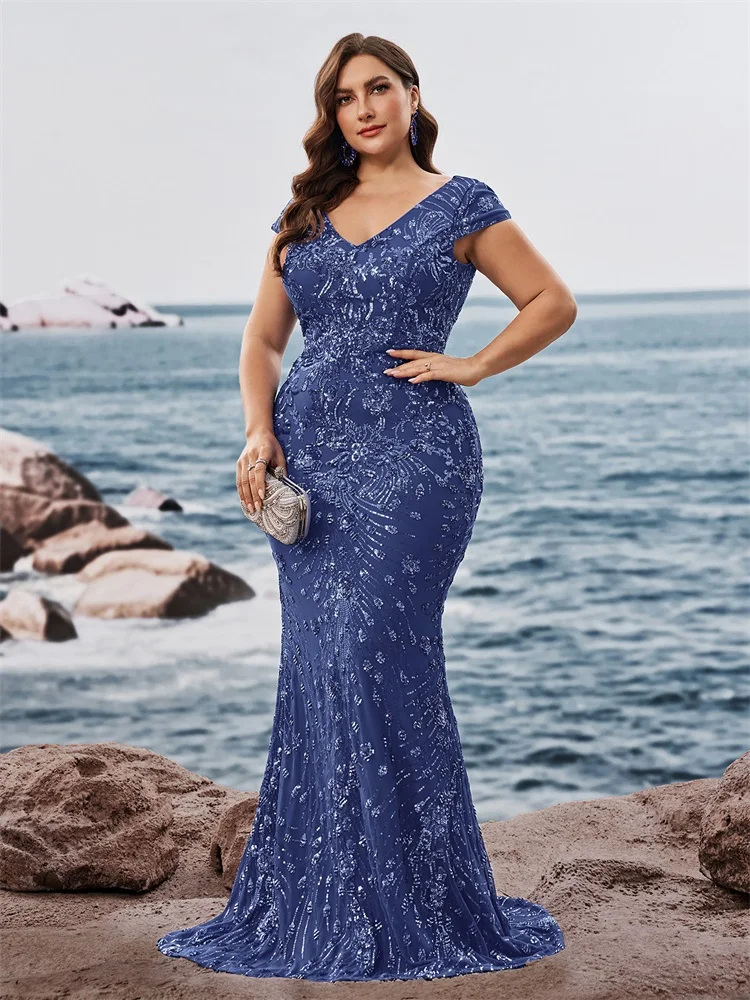 

BLUEPLUM Plus Size Elegant Sequin Formal Evening Dresss Long Women Mermaid V-neck Prom Luxury Wedding Party Gowns