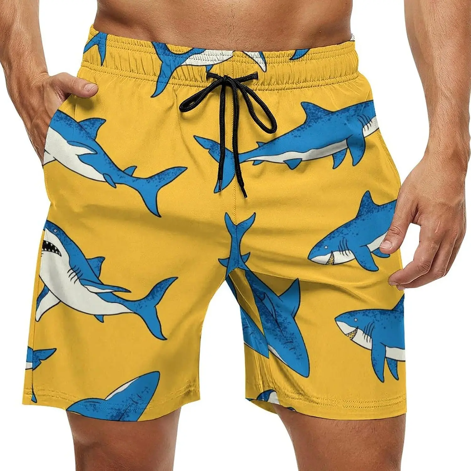 

Пляжные шорты для мужчин, морская рыба, акула, желтые гавайские шорты для плавания, сетчатая подкладка, плавки с карманом
