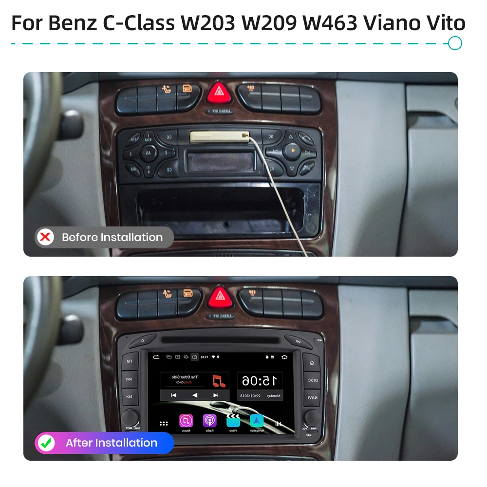 2 Din Android 12 CarPlay 4G WiFi GPS Navigation Stereo Radio Car DVD Player For Mercedes Benz C-Class W203 W209 W463 Viano Vito