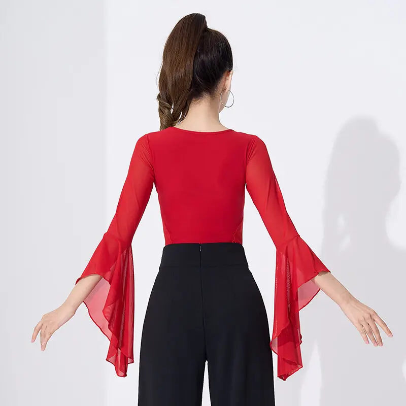 Danstraining Kleding Tops Nieuwe Vorm Training Rode Uitlopende Mouwen Moderne Dans Latin Dance Dress Tops