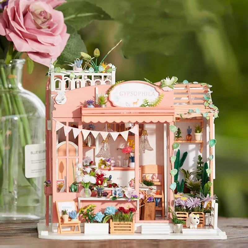 Maison de fleurs étoilées de Micro World, scène de cabine faite à la main, bricolage, modèle de petite maison, assemblage d'art, cadeau d'anniversaire pour fille, animation