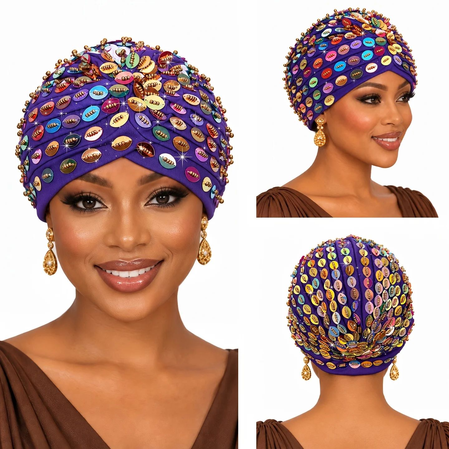 Women's Beaded Sequin Headpiece, Colorful Sequin and Gold Bead Embellished Structured Headscarf, Elegant Formal Church Headwear, Suitable for Wedding Guests, Tea Parties, Bridal Events, and Holiday Celebrations, Available in Multiple Colors