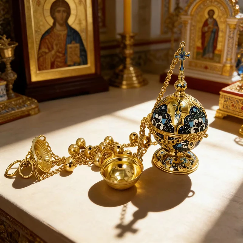 

Gold Plated Orthodox Hanging Censer Set with Blue Enamel Floral Patterns and Bells for Church Home Altar Religious Devotion Gift