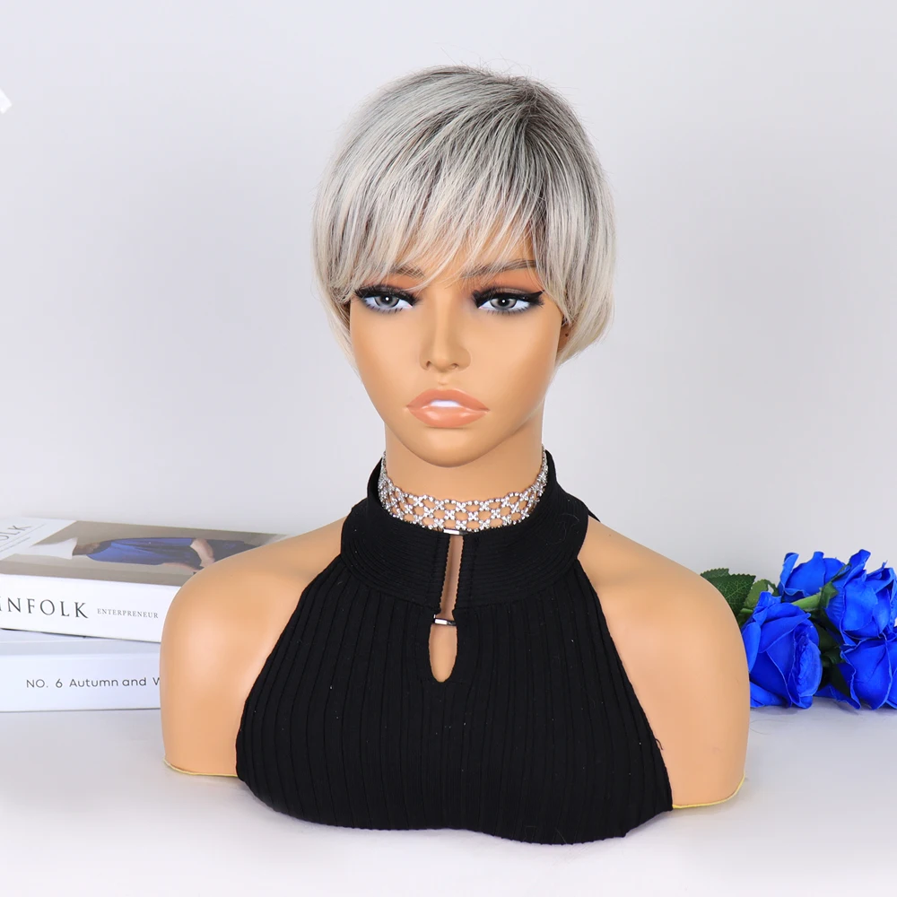 Women\'s Fashion Short Synthetic Wigs Pixie Cut Space Ash Ombre Hair Costume Party Wigs for Woman Daily Fluffy Natural Wig