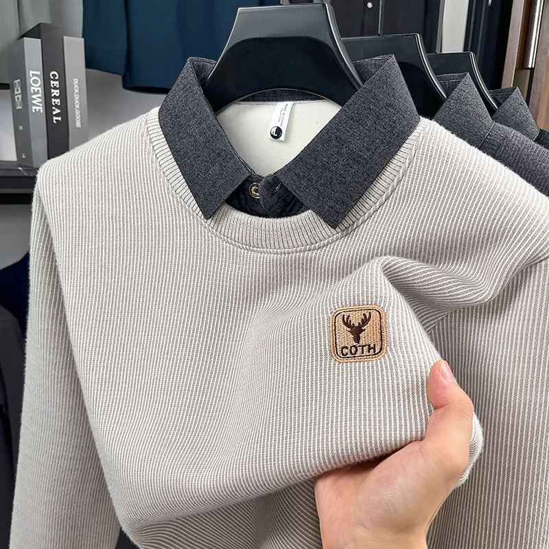 

Роскошный брендовый мужской вязаный двухсекционный лацкан, новый толстый свитер с длинными рукавами и принтом оленя, осень-зима, модная деловая мужская одежда