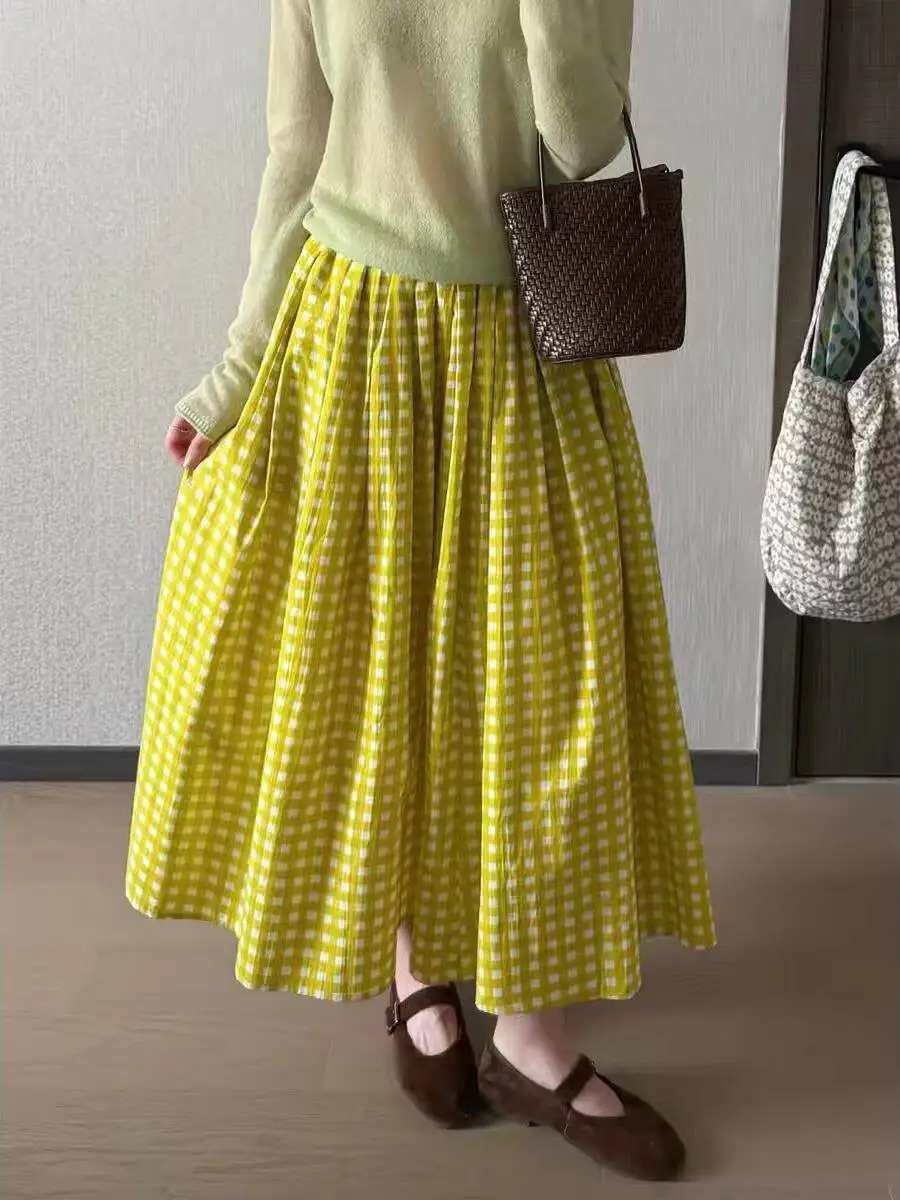 plus Size 300 Pounds Plaid Women's Skirt Summer High Waist A-Line Midi Skirt Flared Skirt Breathable Casual Style for Plump S...