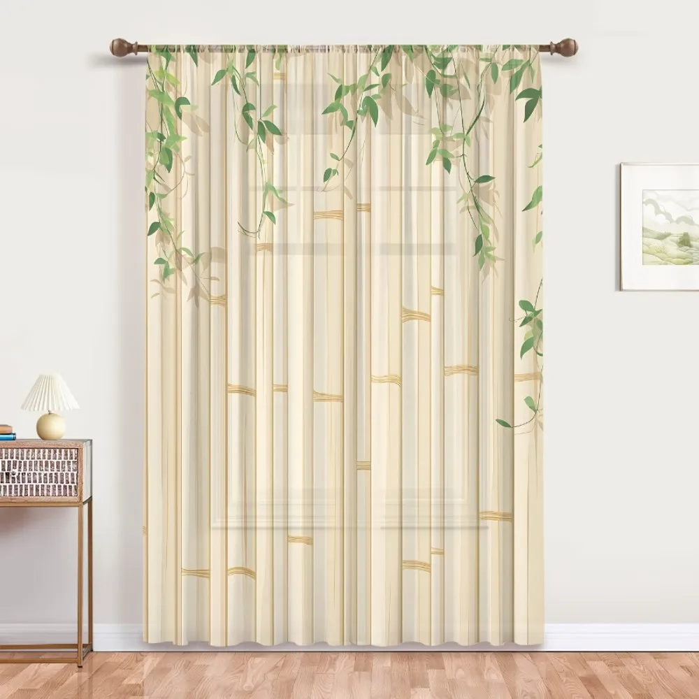 1PC Sheer Curtain Bamboo Green Leaf Beige Print, Rod Pocket Window Curtain for Living Room Bedroom Asian Zen Decor