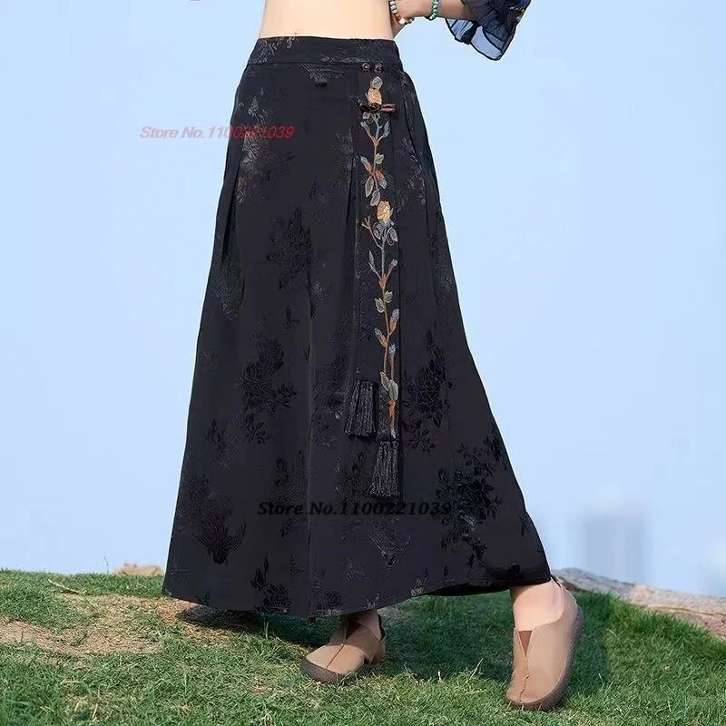 تنورة جاكار ساتان مطرزة بالزهور الصينية العتيقة لعام 2025 تنورة ميدي بخصر مطاطي تنورة فضفاضة شرقية عتيقة تنورة على شكل حرف a #3