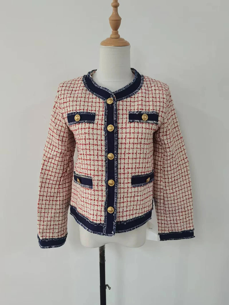 Hmsevenjz 트위드 격자 무늬 모직 코트 여성용 가을/겨울 오 넥 긴팔 싱글 브레스트 프린지 자켓 여성 의류