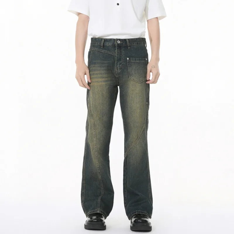 

SYUHGFA Korean Style Men's Denim Pants Solid Color Splicing Casual Worn-out Bottom Straight Leg Slim Male Jeans Streetwear 2025