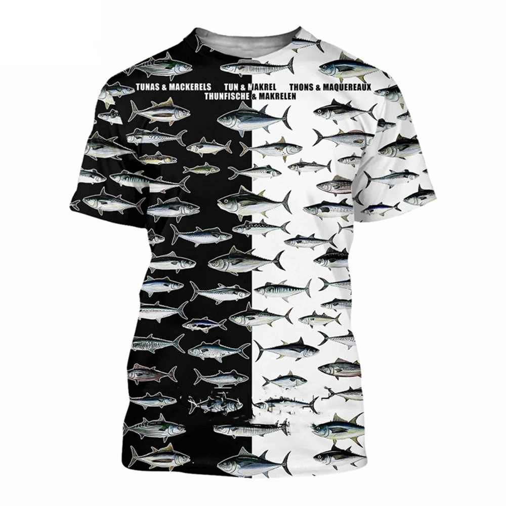 Tuna Pattern 3d Printed Men's Summer Short Sleeve Fishing T-Shirt Ocean Fish Personality Fashion Trend Casual Hip Hop Loose Top