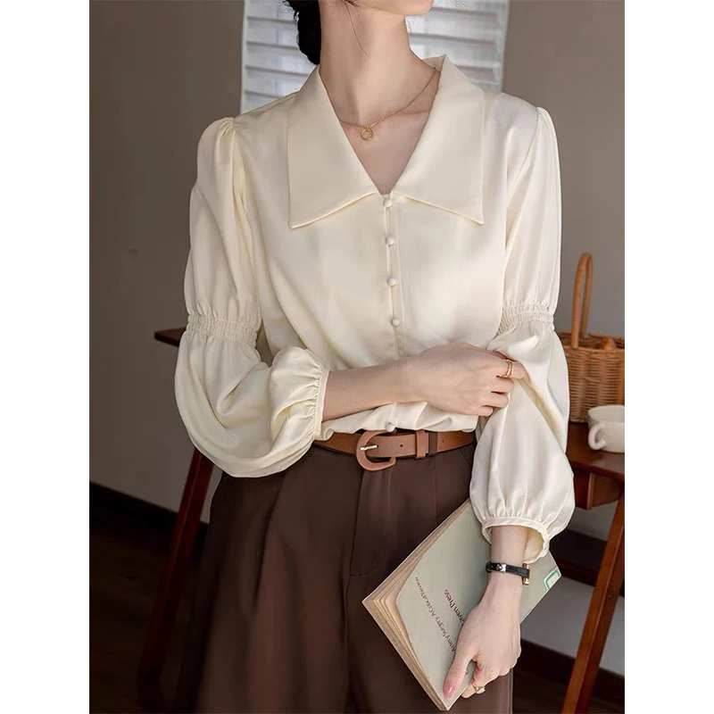 Women Autumn Vintage Simplicity Solid Color Polo-Neck Long Sleeve Chiffon Shirts Ladies Fashion All-match Appear Thin Trend Tops