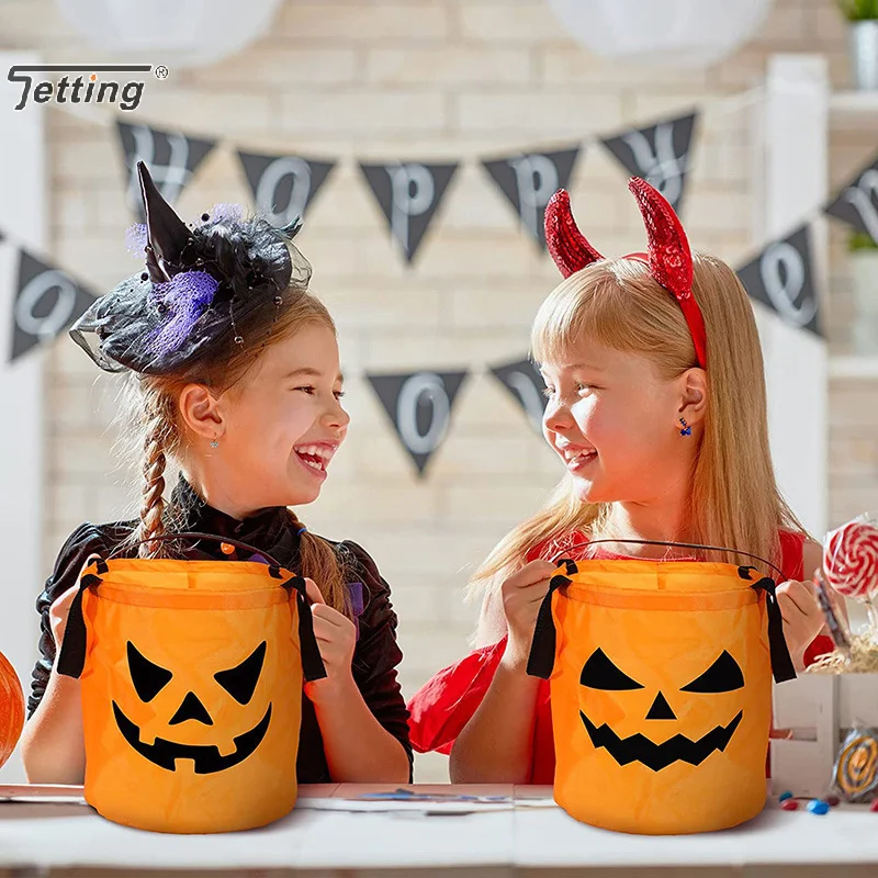 1PC Collapsible Halloween Basket LED Light Halloween Trick Or Treat Bucket Pumpkin Candy Bags For Thanksgiving Party Gift Basket