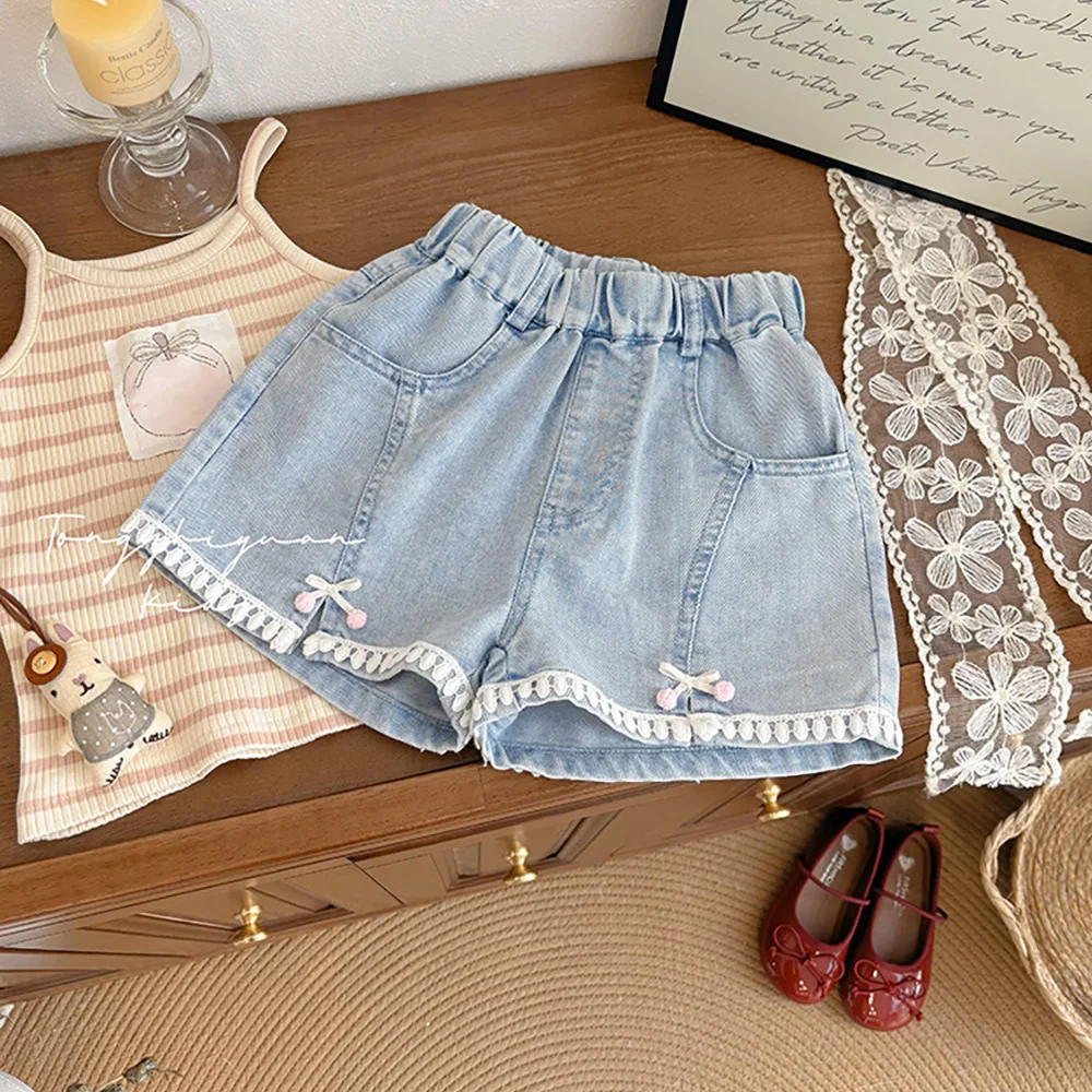 

2-8Years Old Girls Summer Tassel Bow Denim Shorts 2025 Korean Style Casual Elastic Waist Loose Jeans Shorts Children Hot Pants