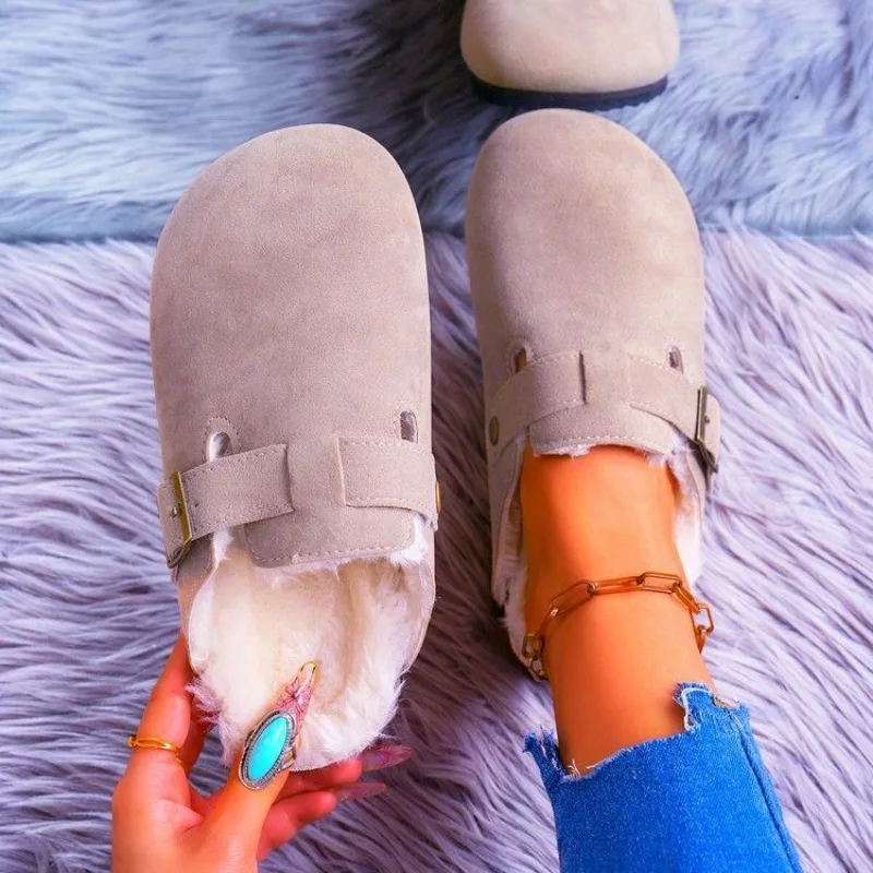 

Теплые сабо на меховой подкладке в стиле ретро для женщин, зимние нечеткие пробковые тапочки, меховые сабо из пробки, короткие плюшевые домашние пробковые туфли, зимние Zapatos Mujer