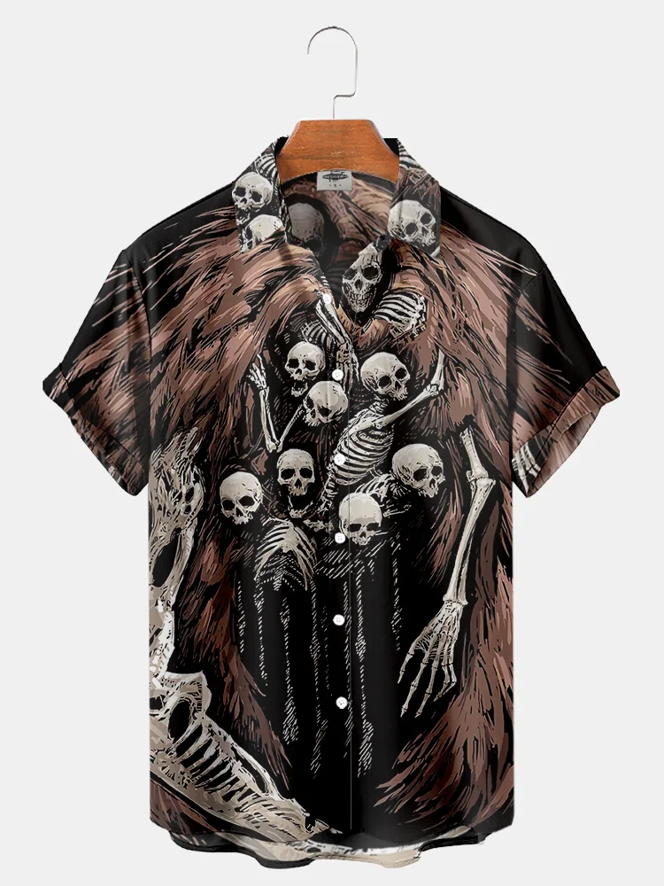 Summer Men\'s Hawaiian Beach Casual Shirts Skull 3D Printed Short Sleeves Lapel Style Retro Fashion Floral Imported Clothing