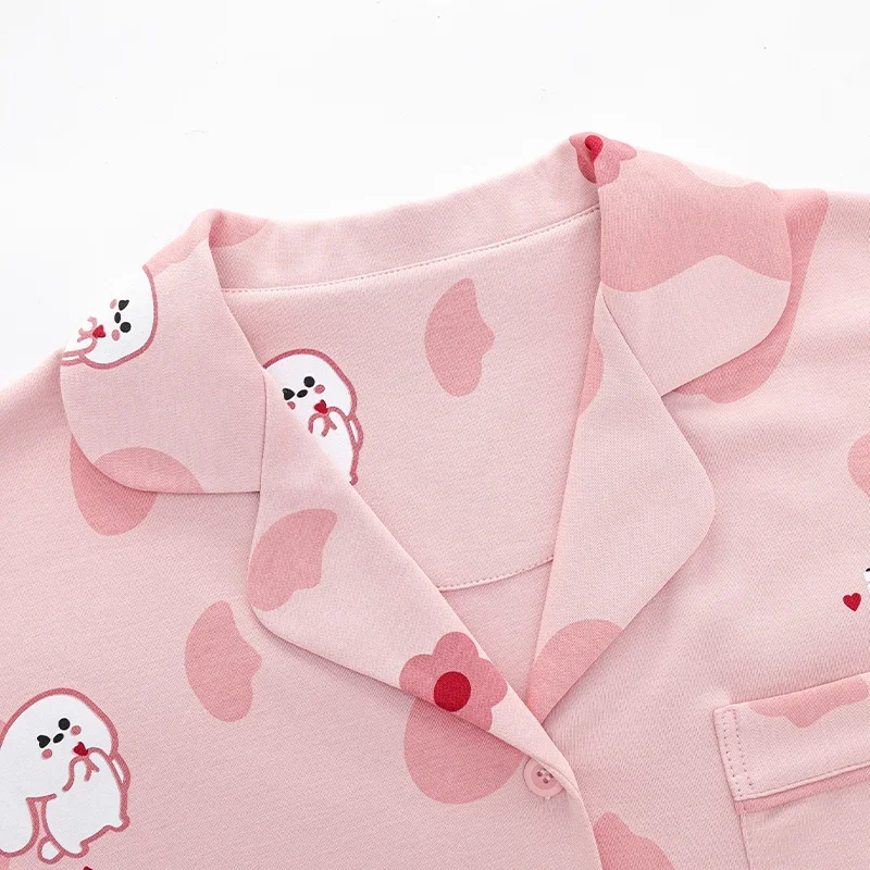 MiiOW Winter 100% Cotton Women\'s Pajamas Set Loose Turn-down Collar Long Sleeves Loungewear Cute Pink Girls Sleepwear Homewear