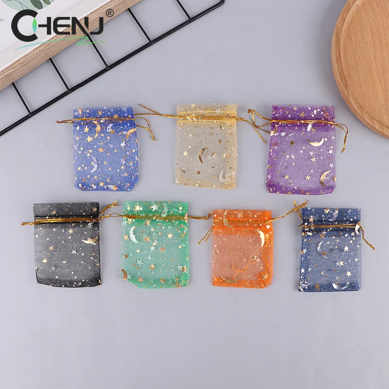 100pcs/lot Star Moon Organza Jewelry Bags Tulle Sheer Sachets Drawstring Gift Bag Wedding Party Favor Pouches Jewelry Organizer