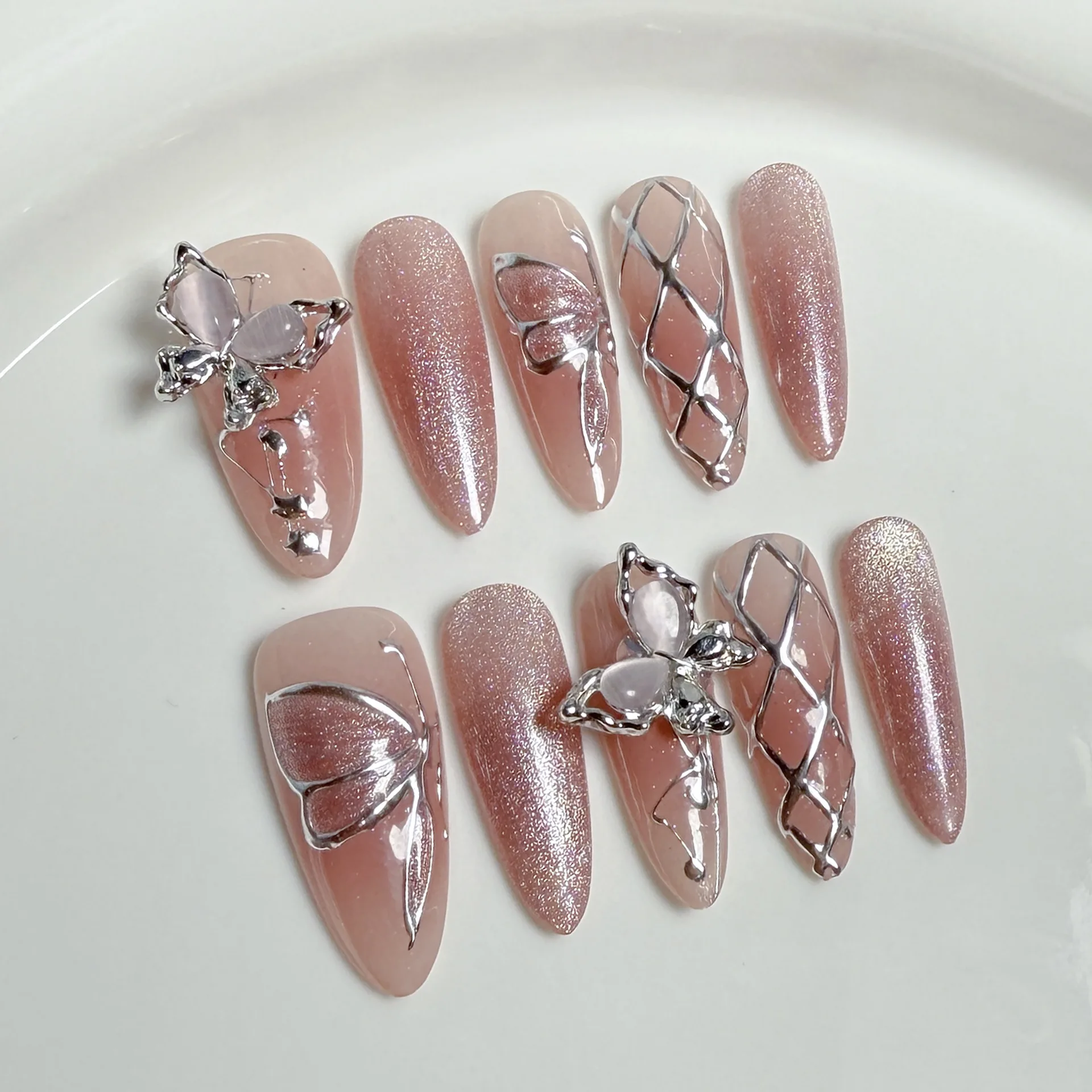 

Handmade Long Oval Press on Nails Sweet Pink Blush Cat Eye Fake Nail Tips with Crystal Butterfly Design Korean Style False Nails