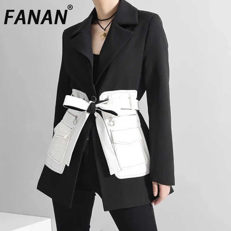 

FANAN Women Black Contrast Color Pocket Blazer New Lapel Long Sleeve Loose Fit Jacket Fashion Tide Spring Autumn 2025 Coats