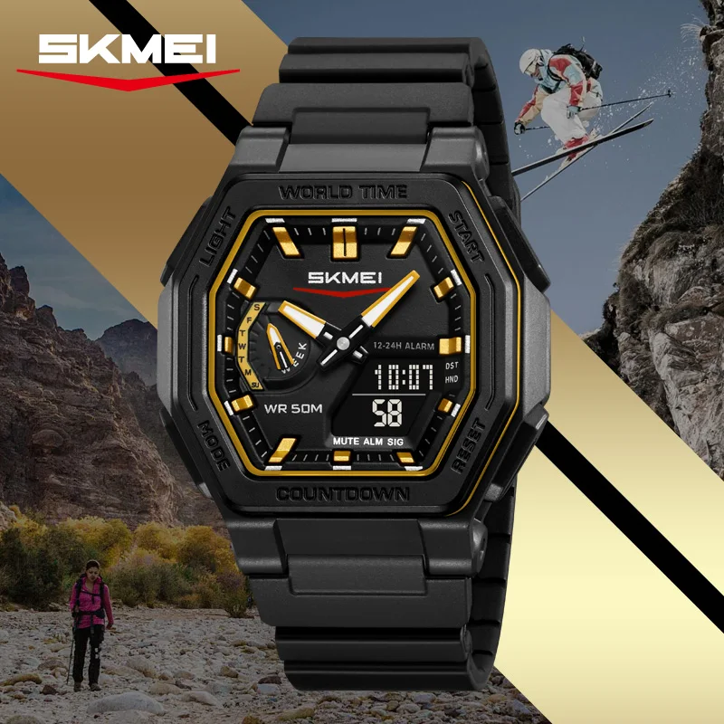 SKMEI 2438 Quartz Digital Dual Time Zone Waterproof Watches Calendar Analog Stopwatch Timing Alarm LED Night Light Casual Clock
