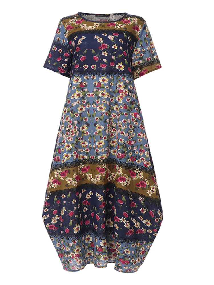 ZANZEA Böhmische Damen-Maxikleider, ethnischer Blumendruck, kurze Ärmel, langes Kleid, lässig, locker, Urlaub, Vestidos, Robe 2025, Sommer