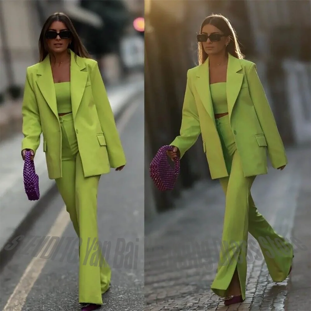 

New Two piece Set Chic Single Button Notch Lapel Blazer Pants Outfit Regular Length High Street Fashion Women's Pants Suit