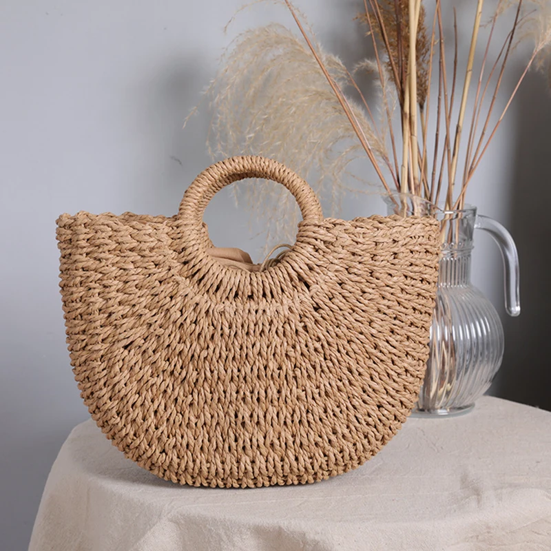 Summer Handmade Bags for Women Beach Weaving Ladies Straw Bag Wrapped Beach Bag Moon shaped Top Handle Handbags Totes