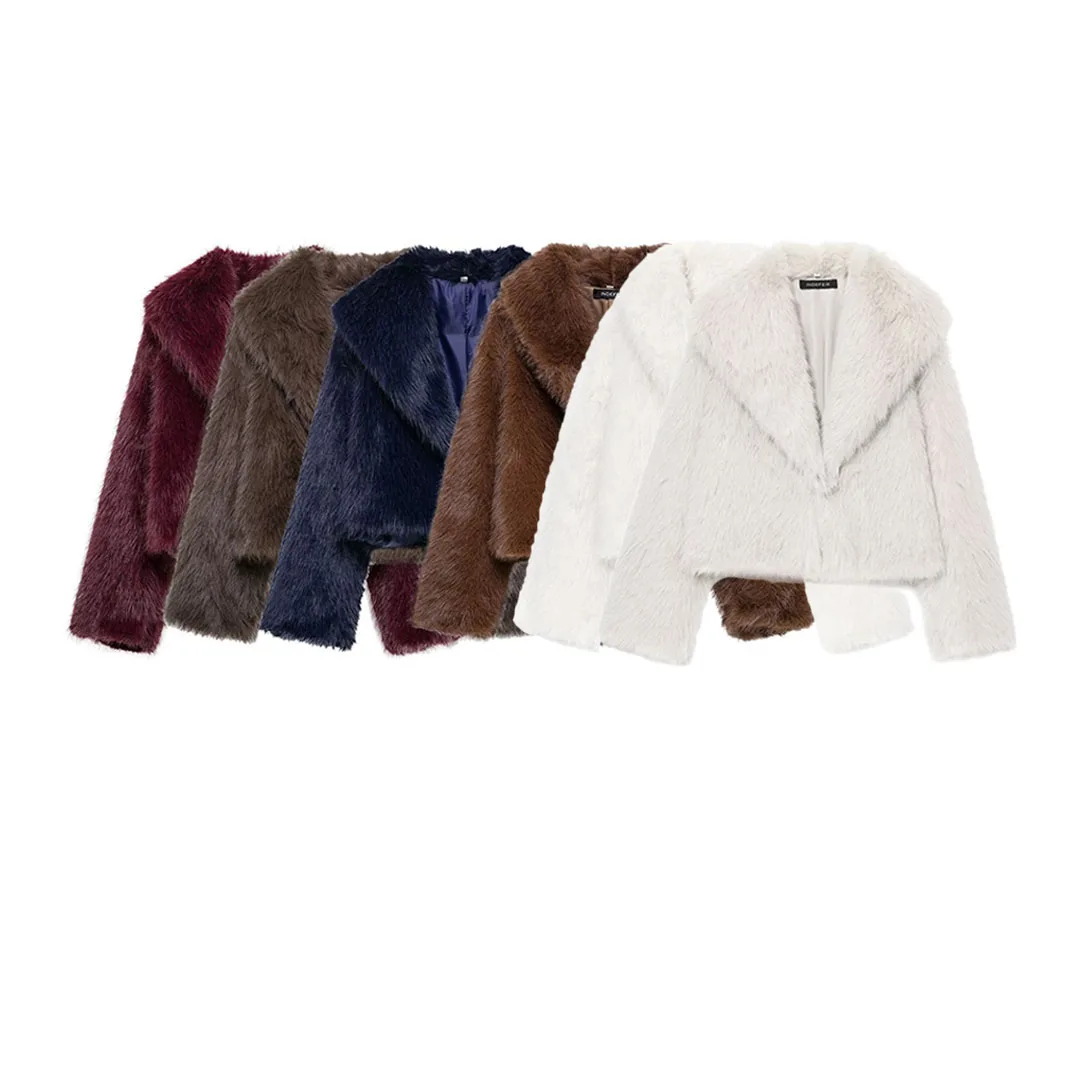 KASLEAD 新しい女性のファッションミニマリストショート人工毛皮コートストレートチューブスタイル長袖フリップカラーポリエステル繊維