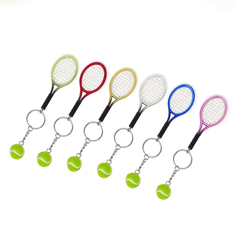 

6 Piece Mini Tennis Ball and Racket Model Keychain Metal Novelty Handbag Lover Sport