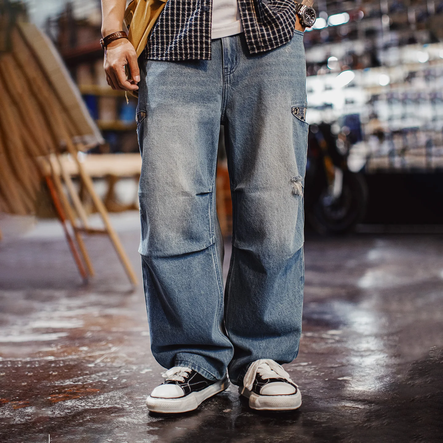 

Maden Men‘s Vintage Boro Patchwork Parachute Jeans Ripped Distressed Wide Leg Denim Pants Loose Fit Heavyweight Casual Trousers