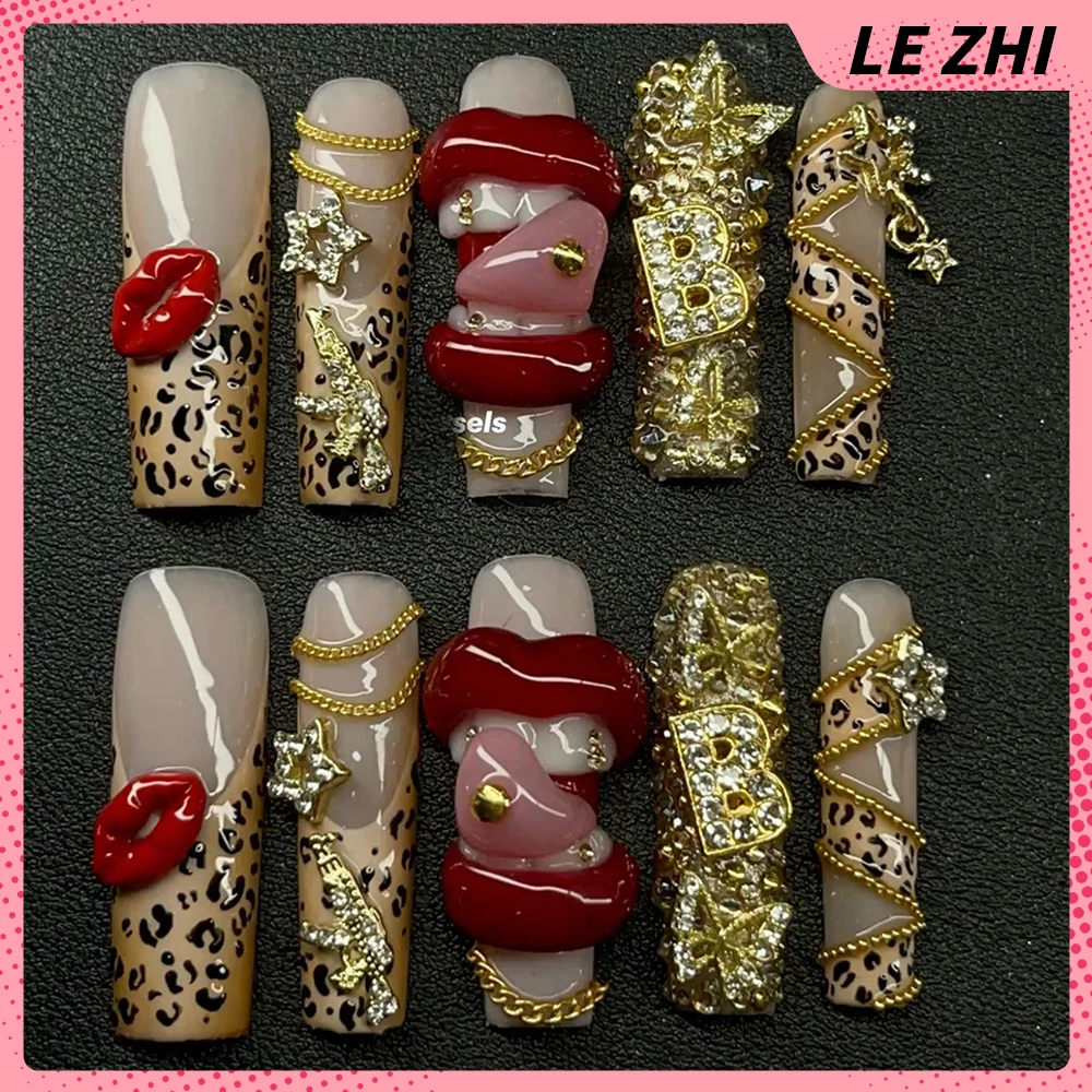 Европа Америка Y2K Spice Girl Длинная квадратная форма Ручная работа Пресс на ногтях Вода Бризли Губы Зубы Алмазный бант Цветы Накладные ногти