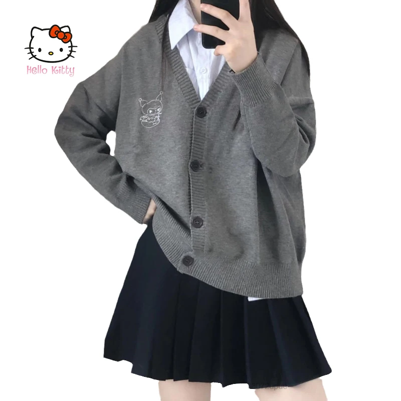 Cartoon Sanrio Kuromi Coat Ms Sweater Cardigan College Style V-Neck Cute Shirt Long Sleeve Knitted Sweaters Women Fashion Tops