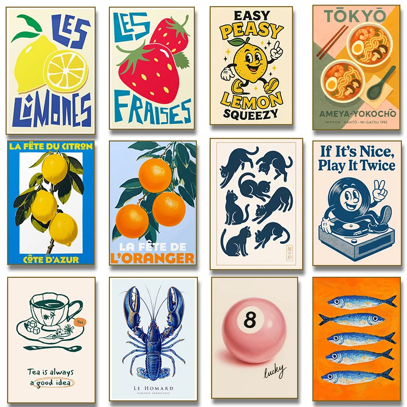 Cafetera de flores, peces naranjas, limones, té de naranja, suerte, 8 langosta, Ramen, póster, lienzo, pintura impresa, cocina, decoración del hogar, Cuadros