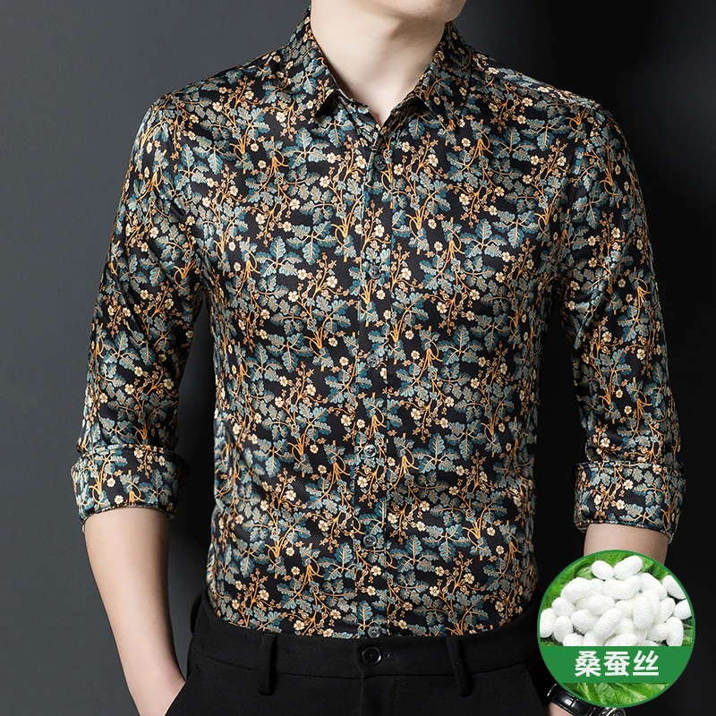 Floral Vintage Print Real Silk Dress Men Shirt Long Sleeve Loose Spring New Quality Soft Comfortable Fashion Silky Chemise Homme