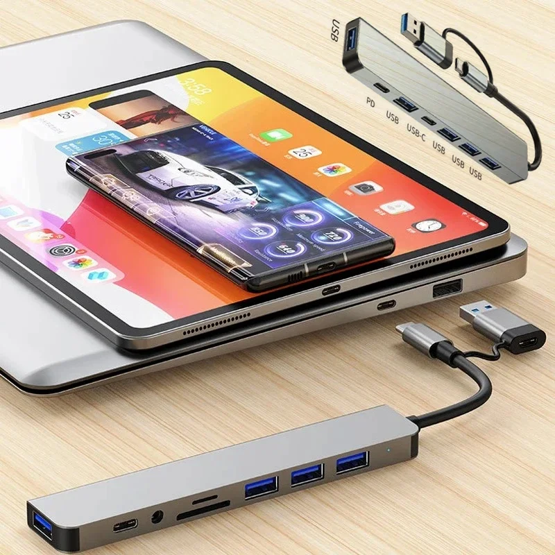 7/8 in 2 USB +Type C HUB Docking Station with 3.5mm Audio Jack Adapter for Micro SD Card Reader Laptop Phone Disk Converter