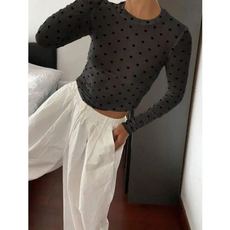 Faionable Slim Fit round Ne Long Sve Polka Dot irt Новое поступление Cross Border Q 786 Жилет из искусственной кожи Thiened для Mi...