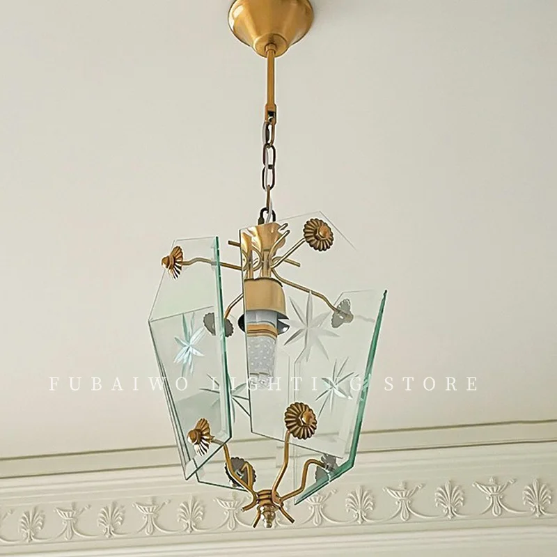 

French Vintage Snowflake Glass LED Pendant Light Mid Century Ceiling Lamp for Bedroom Hallway Retro Industrial Lighting Fixture