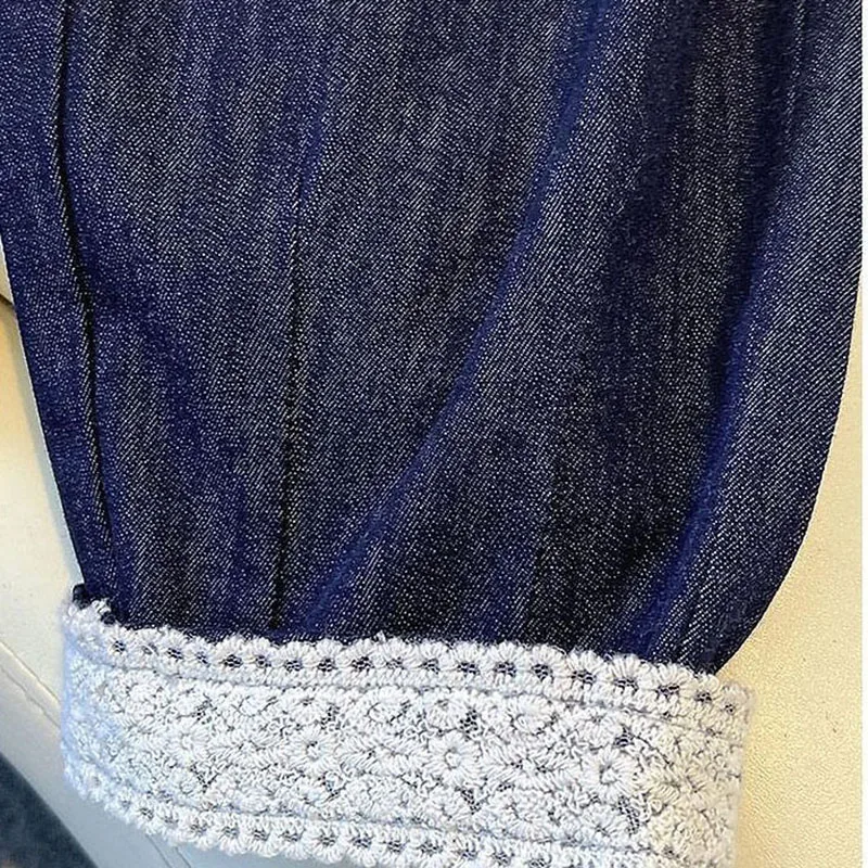 Dames kanten splitjeans trekkoord elastische taille diepblauwe dunne harembroek 2025, lente zomer nieuwe stijl losse broek