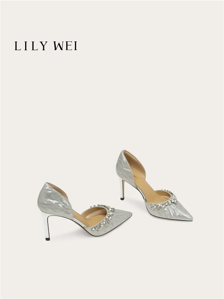 Summer new pointed hollow rhinestone sequin fine heel wedding shoes, banquet large size small size high-heeled women's sandals