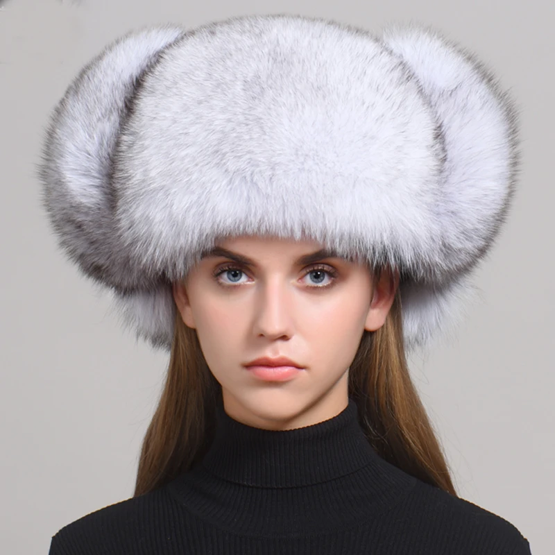 Real fur 100% Fox Skin Russian Businessmen Pilot Bombers Full Fur Women hat Ushanka Winter Ear Guard Hat Raccoon Fur Beanie hat