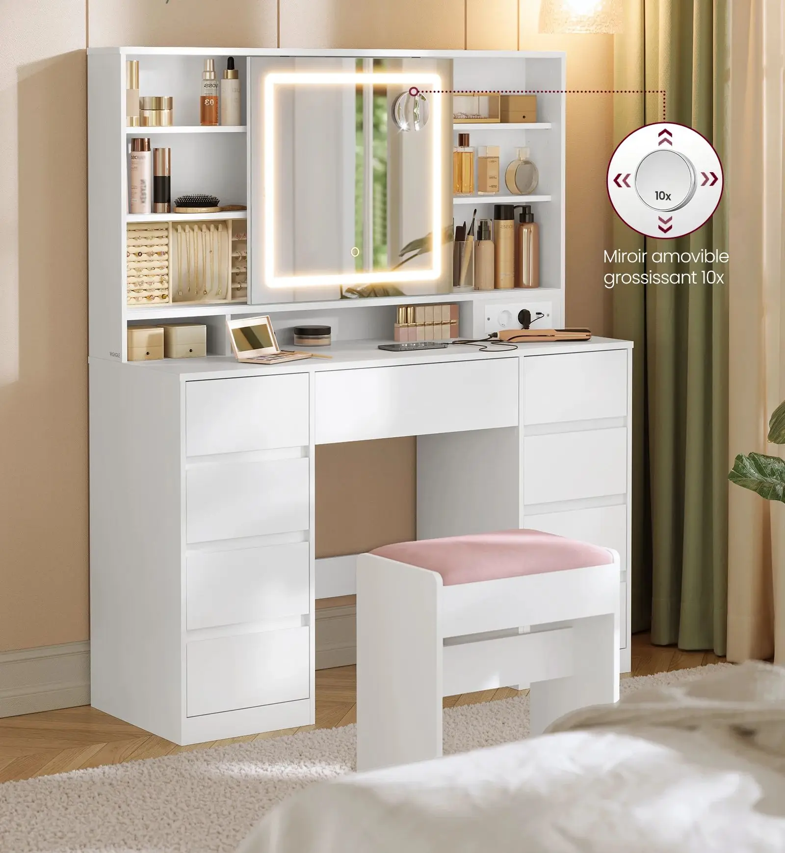 VASAGLE Kailyn Collection - Coiffeuse avec Miroir LED, Multiprise, 2 Placards, 9 Ampoules, Rangement Bijoux