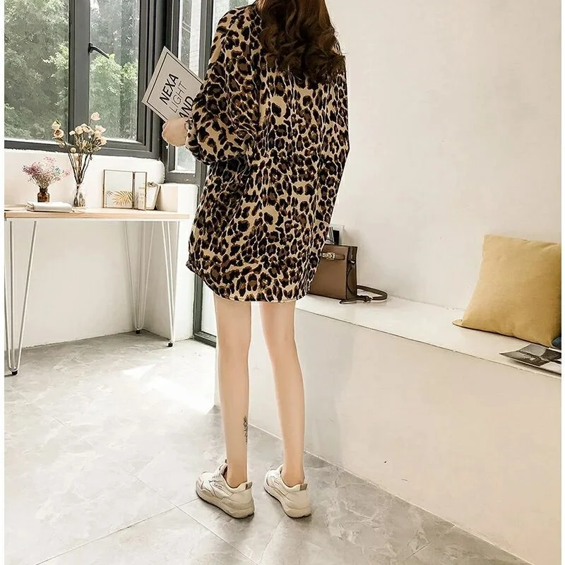 Sexy Women\'s Shirt Long Sleeves Leopard Print Casual Blouse Polo Collar Cardigan Large Size Mid-length Top Loose Girl\'s Clothes