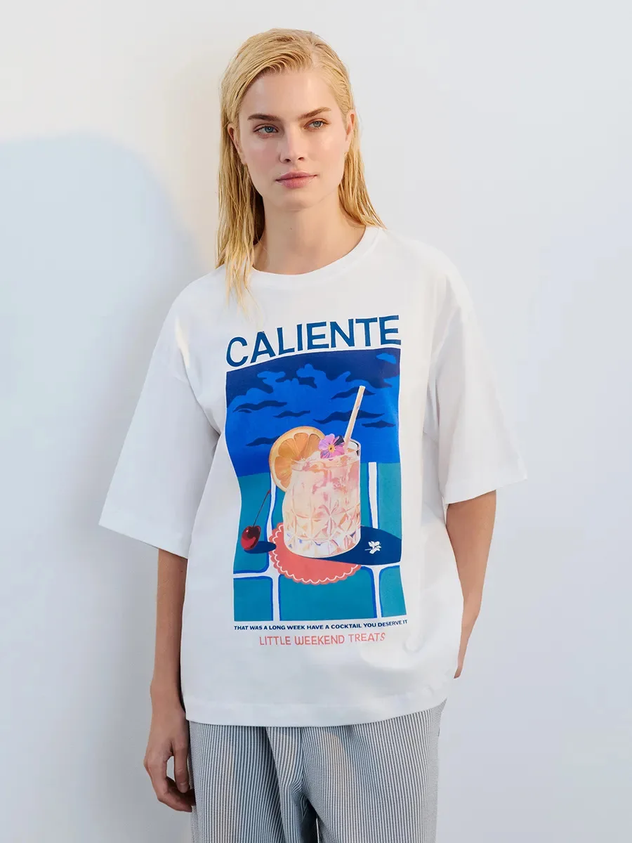 Camiseta de diseño Vintage americano ort Sve para mujer, chica picante, verano, OOTD, estampado de bebidas, Top de calle de algodón de gran tamaño