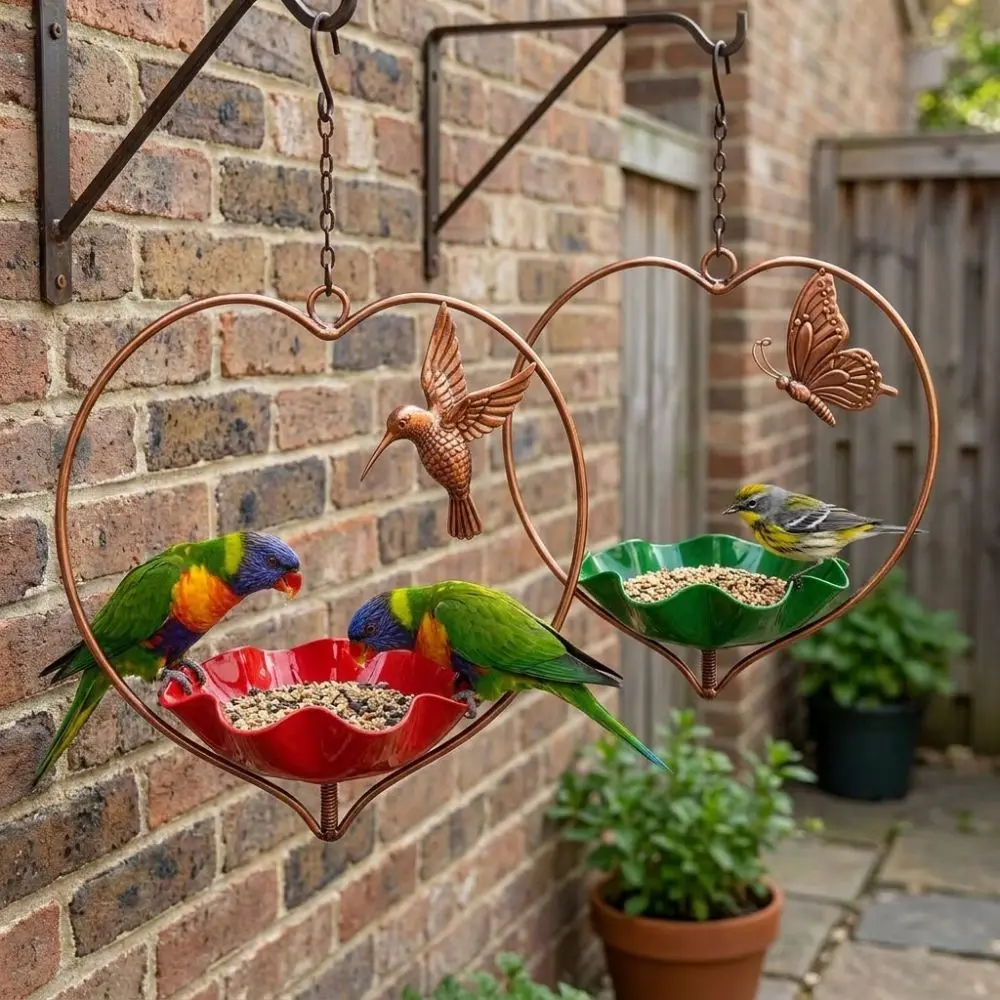 Iron Art Heart Shape Bird Feeder Wide-Mouth Large Capacity Flower Bird Water Feeder Anti-leakage Rust-resistant